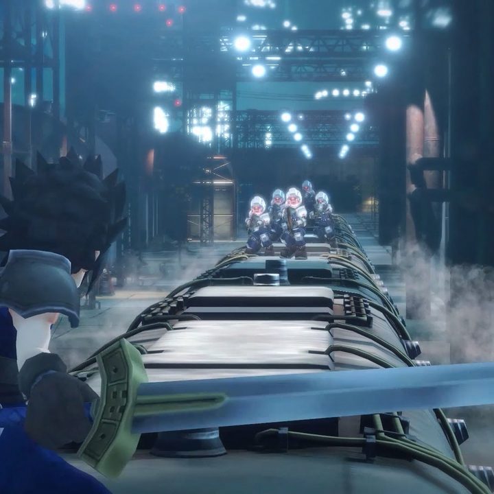 Zack stands on a train and faces down Shinra soldiers in Final Fantasy VII Ever Crisis.