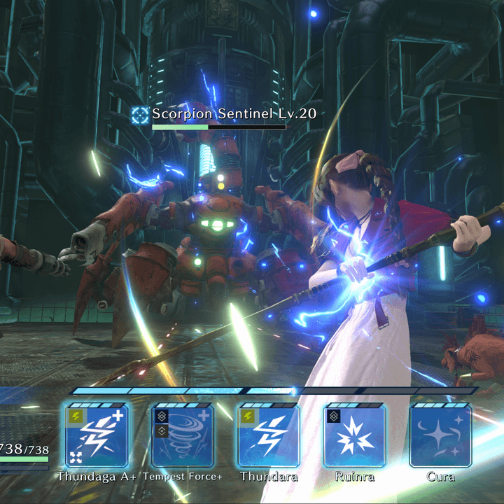 Aerith fights a scorpion tank in Final Fantasy VII Ever Crisis.