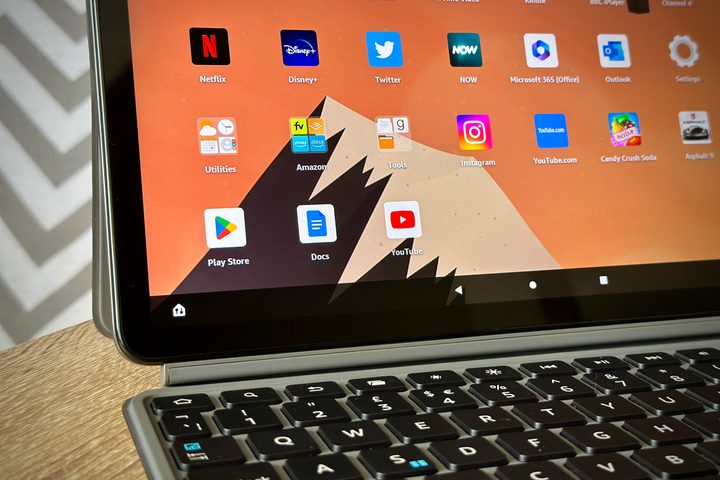 The Google Play Store, YouTube, and Google Docs installed on an Amazon Fire Max 11.