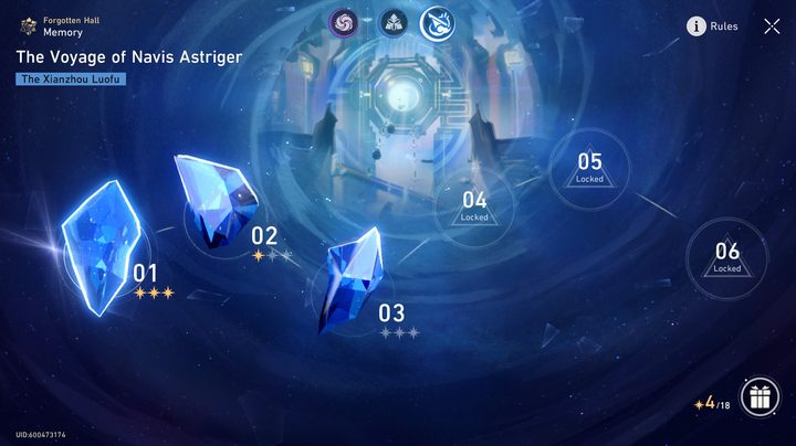 xianzhou luofu section of forgotten hall with floating blue gems and stars