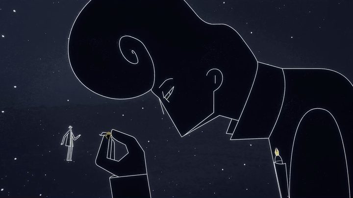 A God-like figure holds its hands out at a small man in Genesis Noir.