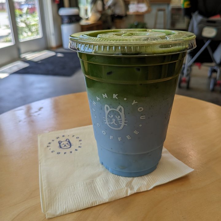 Pandan milk with matcha shot drink at Thank You Coffee taken with Google Pixel Fold main camera
