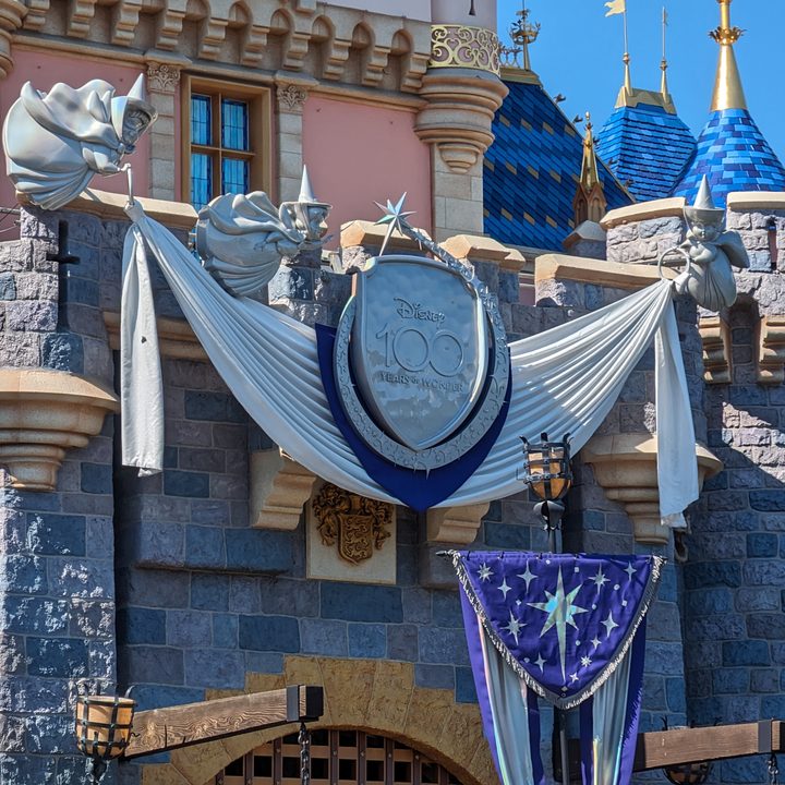 Disney 100 decor on Disneyland castle taken with Google Pixel Fold telephoto lens.