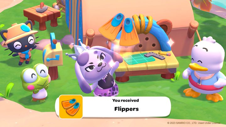 A character crafts flippers in Hello Kitty: Island Adventure.