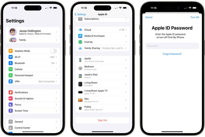 Three iPhones showing steps to sign out of iCloud.