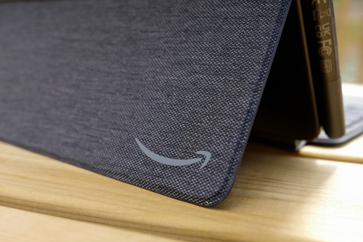 The Amazon logo on the back of the Amazon Kindle Fire Max 11's rear case.
