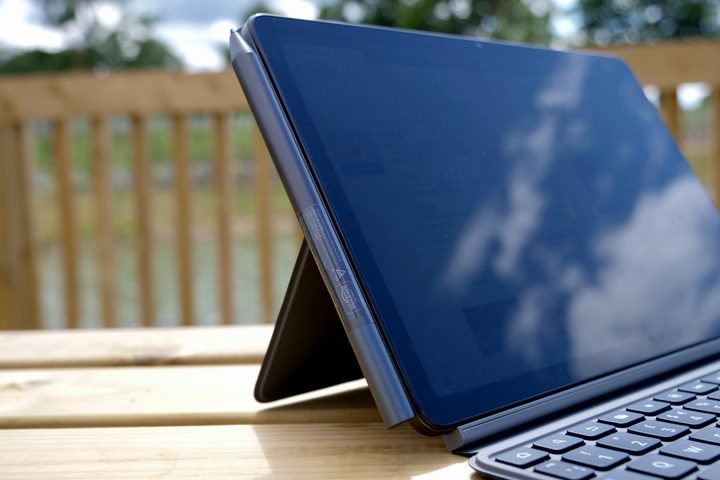 The stylus attached to the side of the Amazon Kindle Fire Max 11.