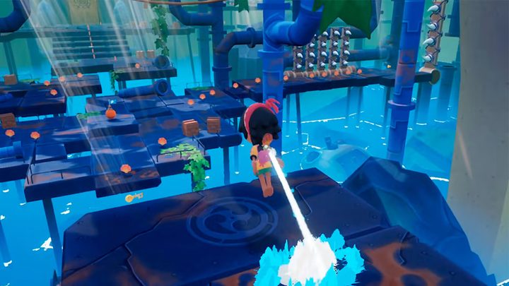 Koa jumps with a jetpack in Koa and the Five Pirates of Mara.