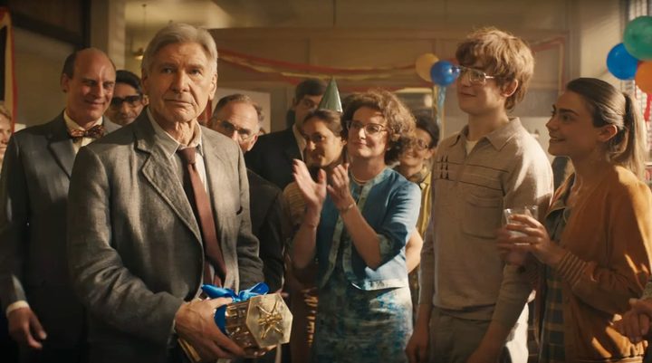 Indiana Jones attends a retirement party in Indiana Jones and the Dial of Destiny.