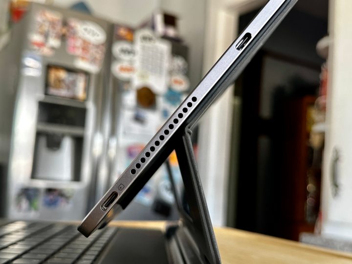 Lenovo Tab Extreme in keyboard case showing two USB-C ports on edge.