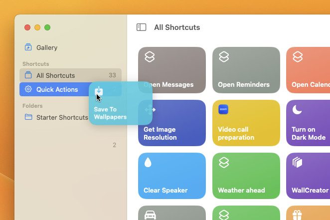 A user dragging a shortcut over to a Quick Actions menu in macOS Ventura.