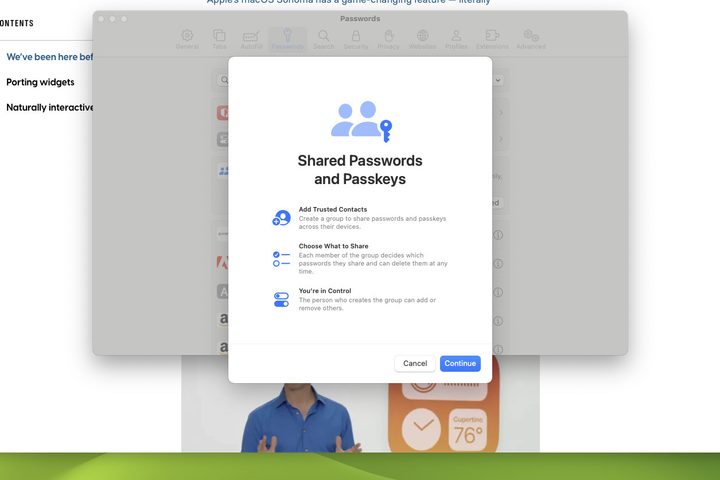 The shared passwords introductory dialog box in macOS Sonoma.