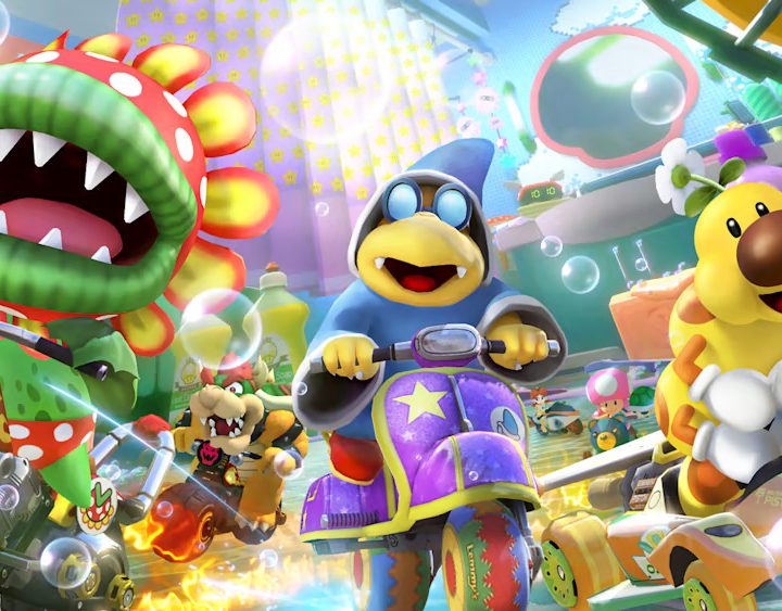 Petey Pirahna, Kamek, and Wiggler rider karts in Mario Kart 8 Deluxe.