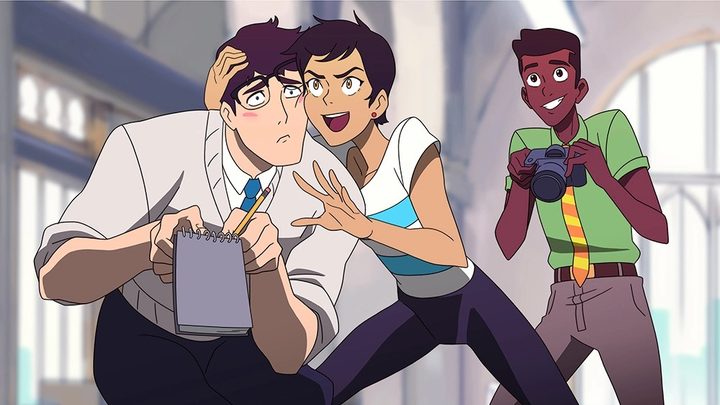 Lois grabs Clark as Jimmy watches in My Adventures with Superman.