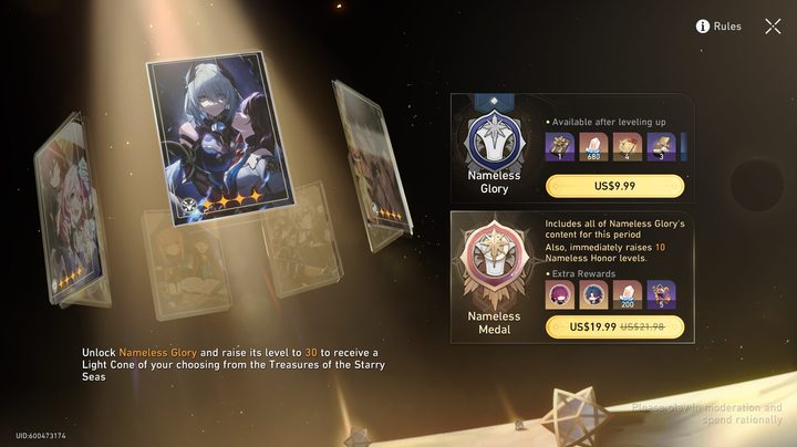 Nameless Glory Battle Pass prices in Honkai: Star Rail