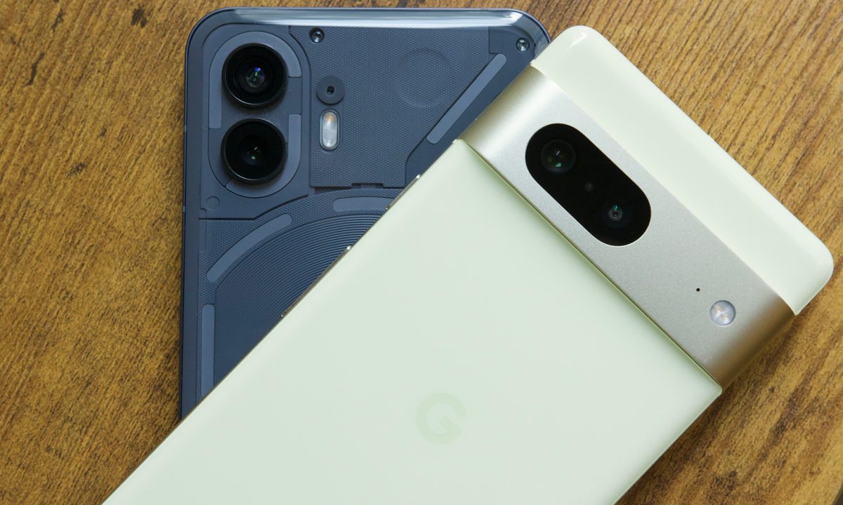Nothing Phone 2 next to the Google Pixel 7.