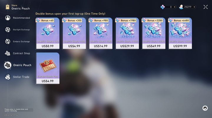 Oneiric Shards bundles in Honkai: Star Rail