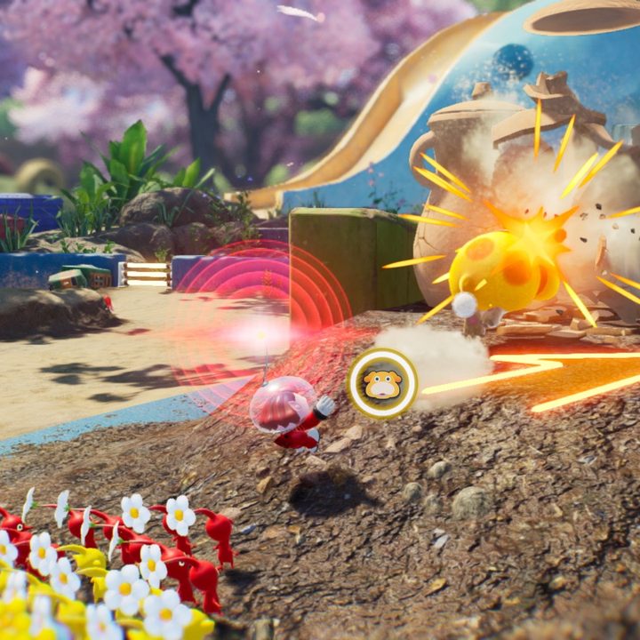 Oatchi dashes into clay pots in Pikmin 4.