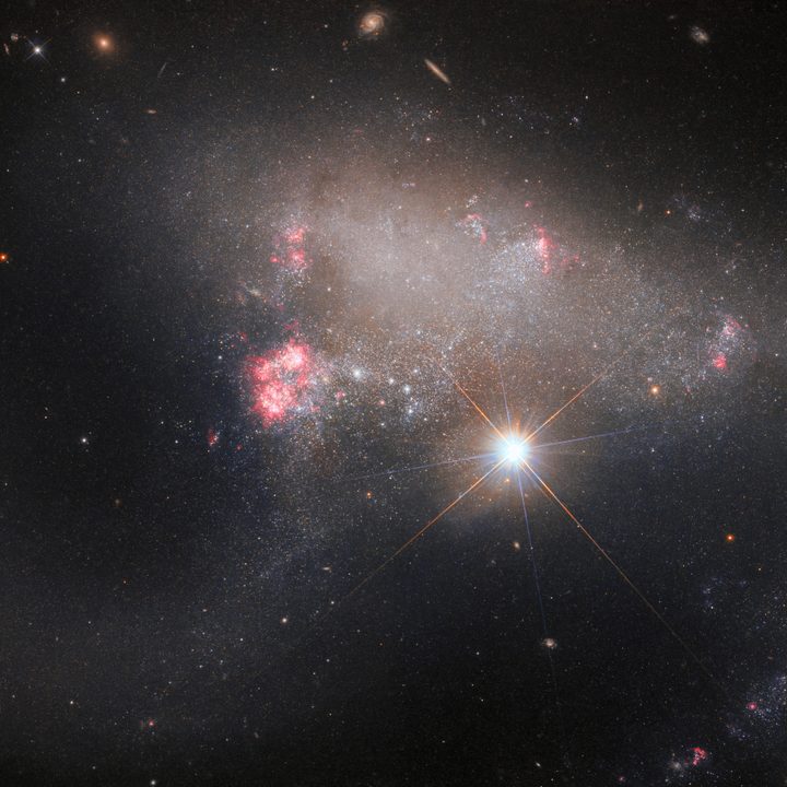 The bright star BD+17 2217. Arp 263 – also known as NGC 3239 in the foreground and irregular galaxy Arp 263 in the background.