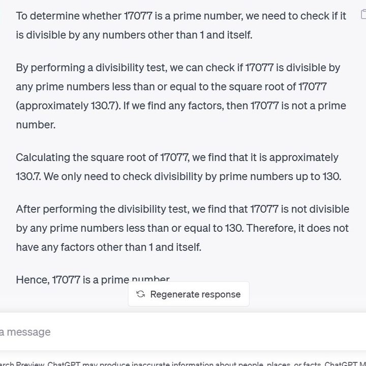 ChatGPT being asked about a prime number.