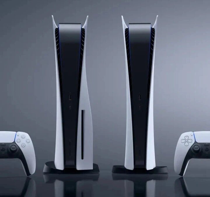 Two versions of the PS5 next to each other.