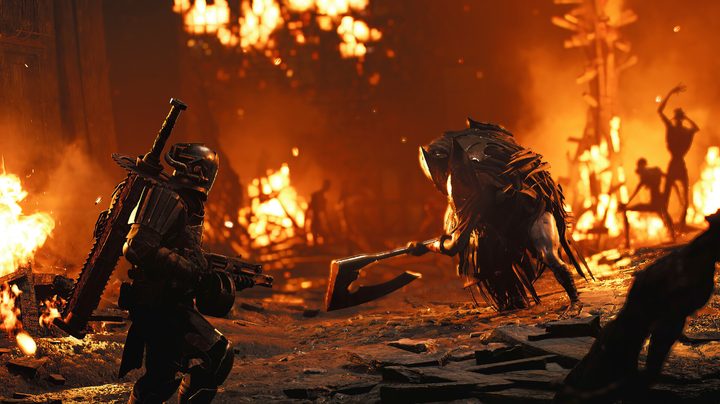 A knight with a gun in a burning square.
