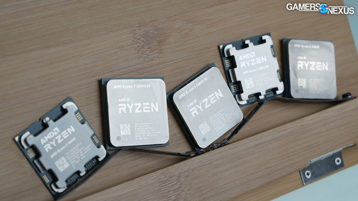 Several Ryzen chips next to each other, including the 5 5600X3D.