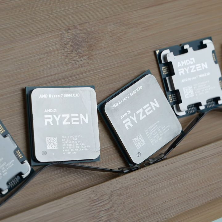 Several Ryzen chips next to each other, including the 5 5600X3D.