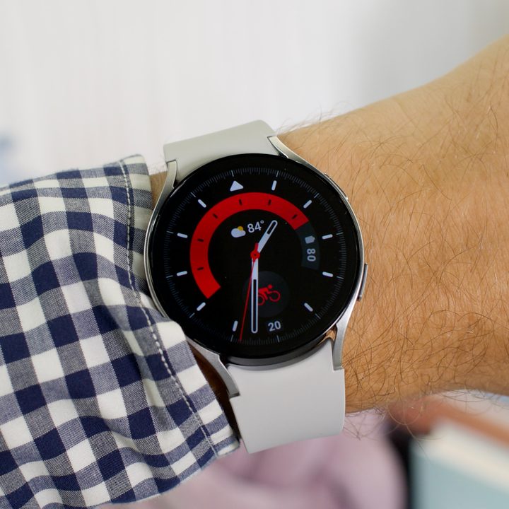 The Samsung Galaxy Watch 6 with a red and black watch face.