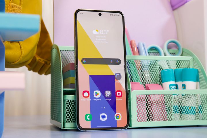 The Samsung Galaxy Z Flip 5 with its main display open.