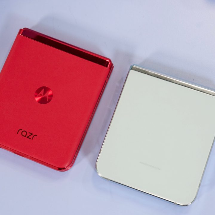 Samsung Galaxy Z Flip 5 next to the Motorola Razr Plus.