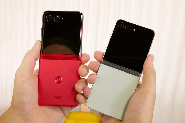 Samsung Galaxy Z Flip 5 next to the Motorola Razr Plus.