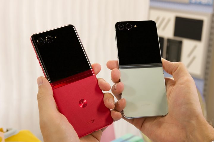 Samsung Galaxy Z Flip 5 next to the Motorola Razr Plus.
