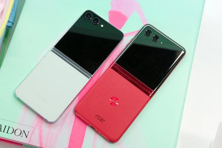 Samsung Galaxy Z Flip 5 next to the Motorola Razr Plus.