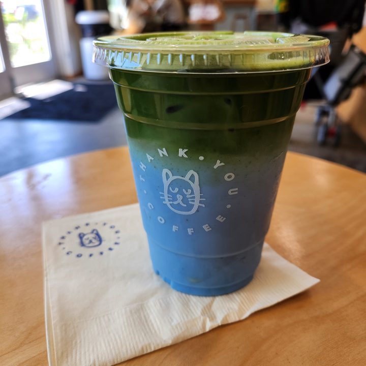 Pandan milk with matcha at Thank You Coffee taken with Samsung Galaxy Z Fold 4 main camera.