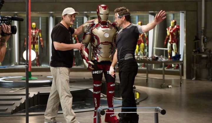 Director Shane Black directs Robert Downey Jr. in Iron Man 3.