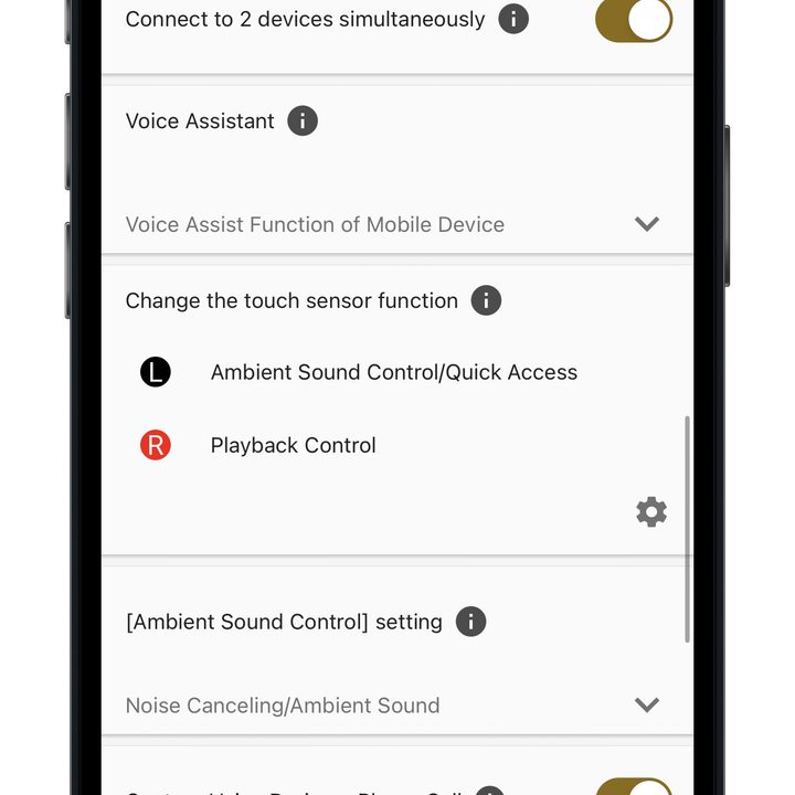 Sony Headphones app for iOS Voice Assistant/controls page.