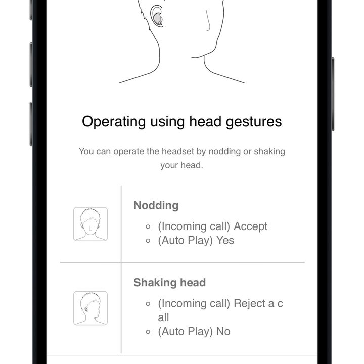 Sony Headphones app for iOS head gestures page.