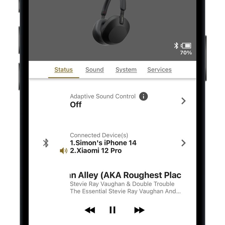 Sony Headphones app in iOS showing status page.
