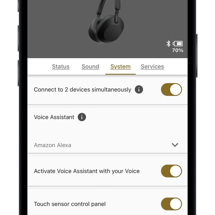 Sony Headphones app in iOS showing System page.
