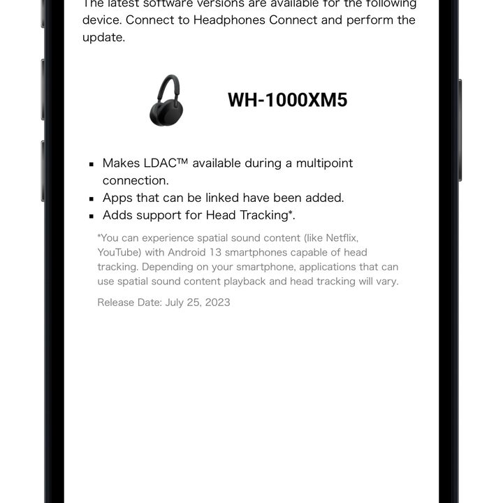 Sony Headphones app in iOS showing software update page.