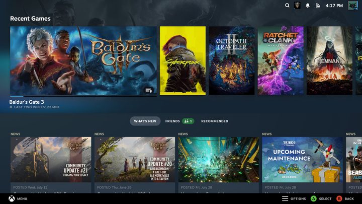 Steam's Big Picture mode showing Baldur's Gate 3.