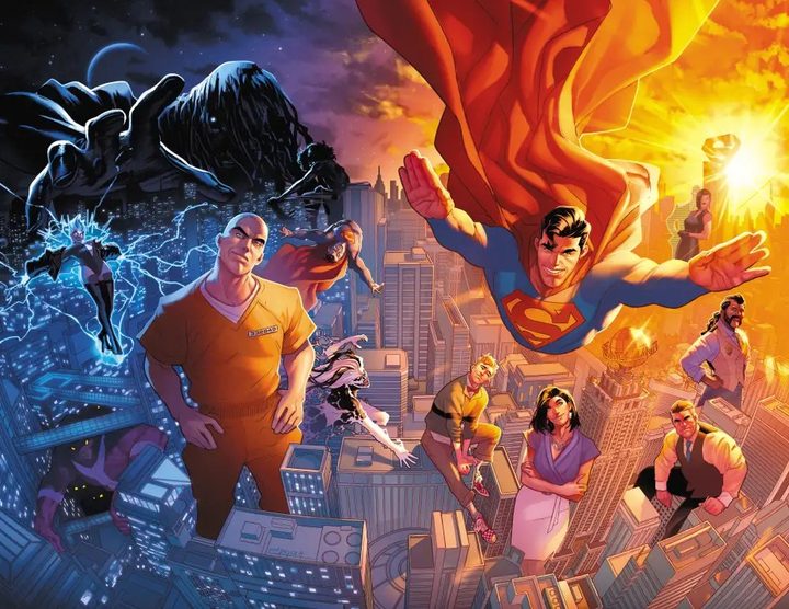 Superman flies over Metropolis in a DC comic book.