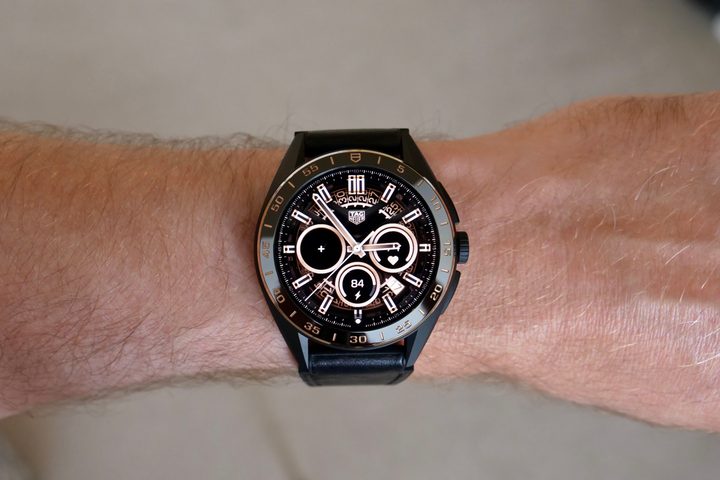 The Heuer02 watch face on the Tag Heuer Connected Calibre E4 Bright Black Edition.