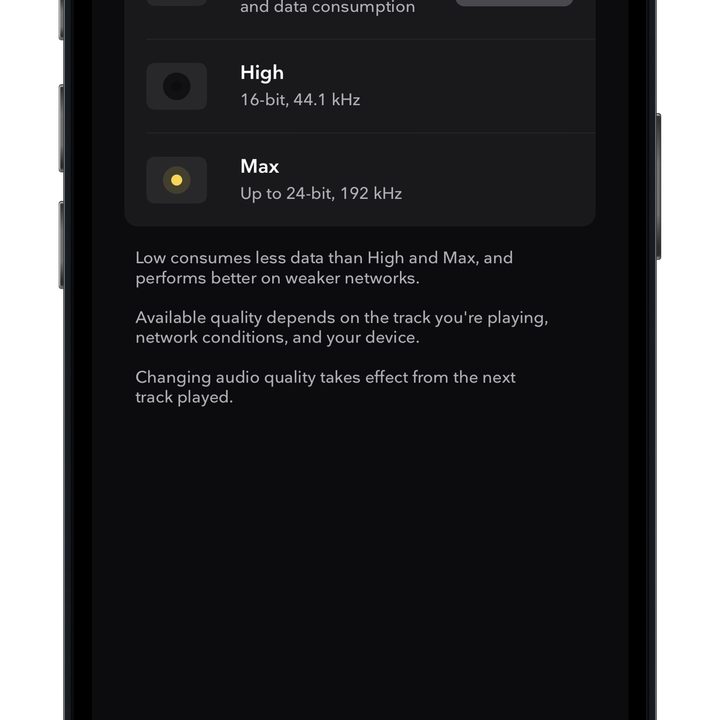 Tidal app for iOS playback quality settings for Wi-Fi with Max selected.