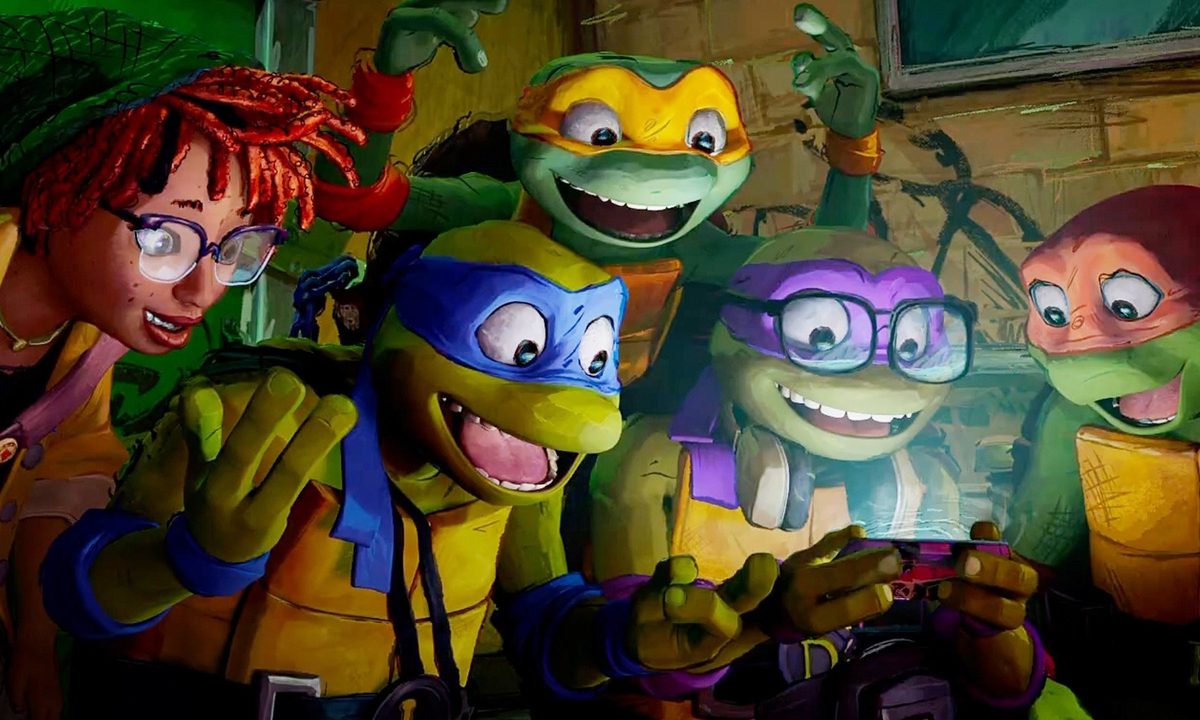 The Turtles and April play a video game in Teenage Mutant Ninja Turtles: Mutant Mayhem.