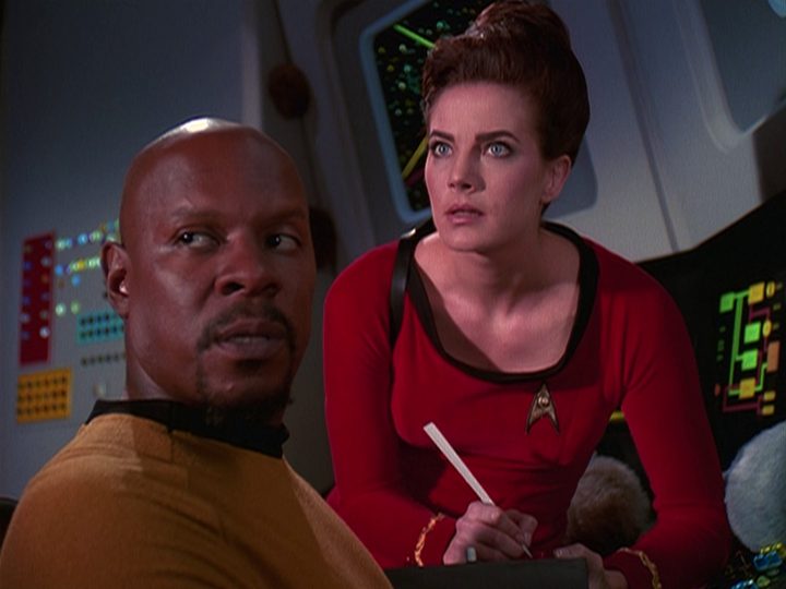 Captain Benjamin Sisko and Lt. Commander Jadzia Dax on the bridge of the original USS Enterprise in "Trials and Tribble-ations."