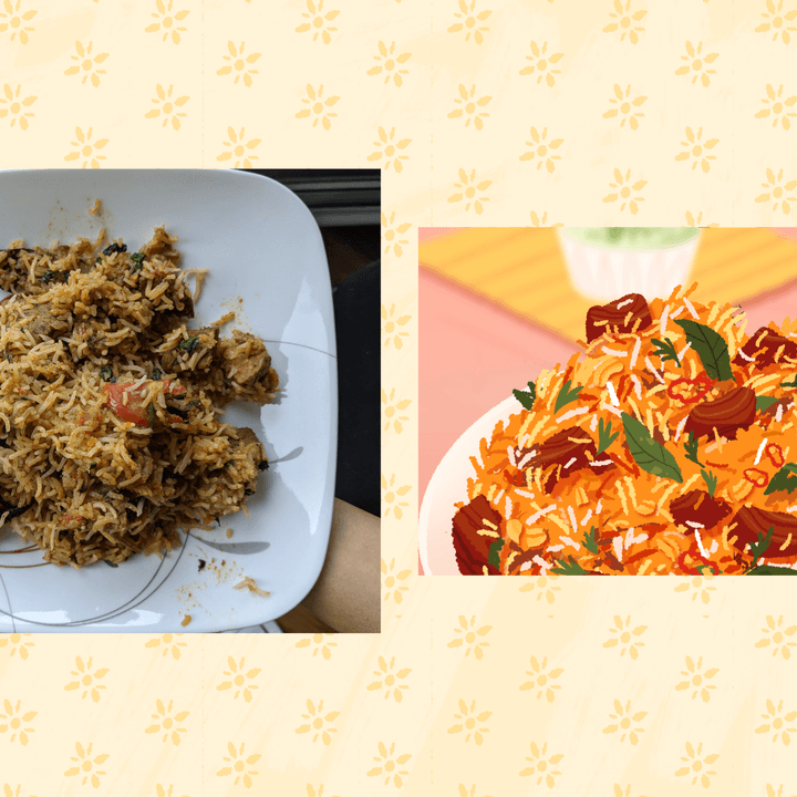 A real plate of biriyani sits next to a digital version of it in Venba.