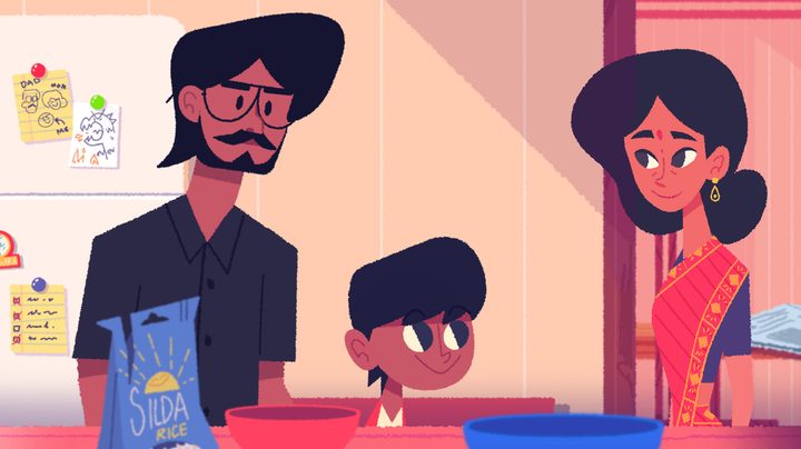 Venba, Paavalan and Kavin sit around a table in Venba.