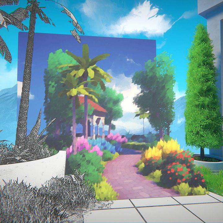 A watercolor landscape appears in Viewfinder.